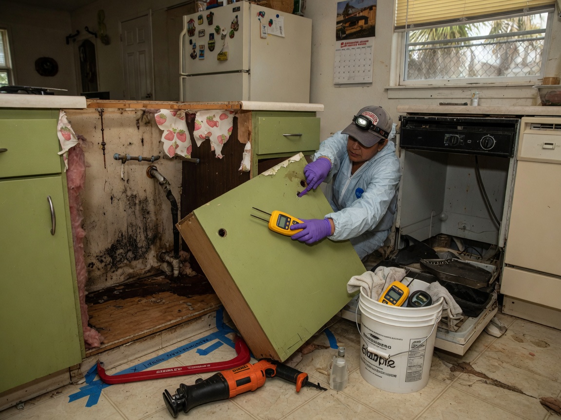 Checking for Hidden Moisture Behind Rosenberg Kitchen Cabinets After Appliance Leaks